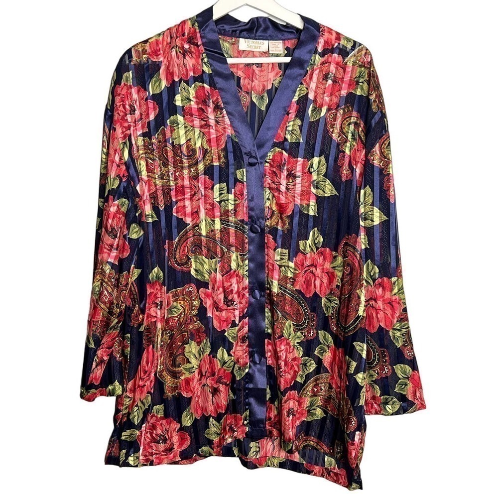 Vintage Victoria's Secret Gold Label Floral Button Front Sleep Shirt Red/Blue L